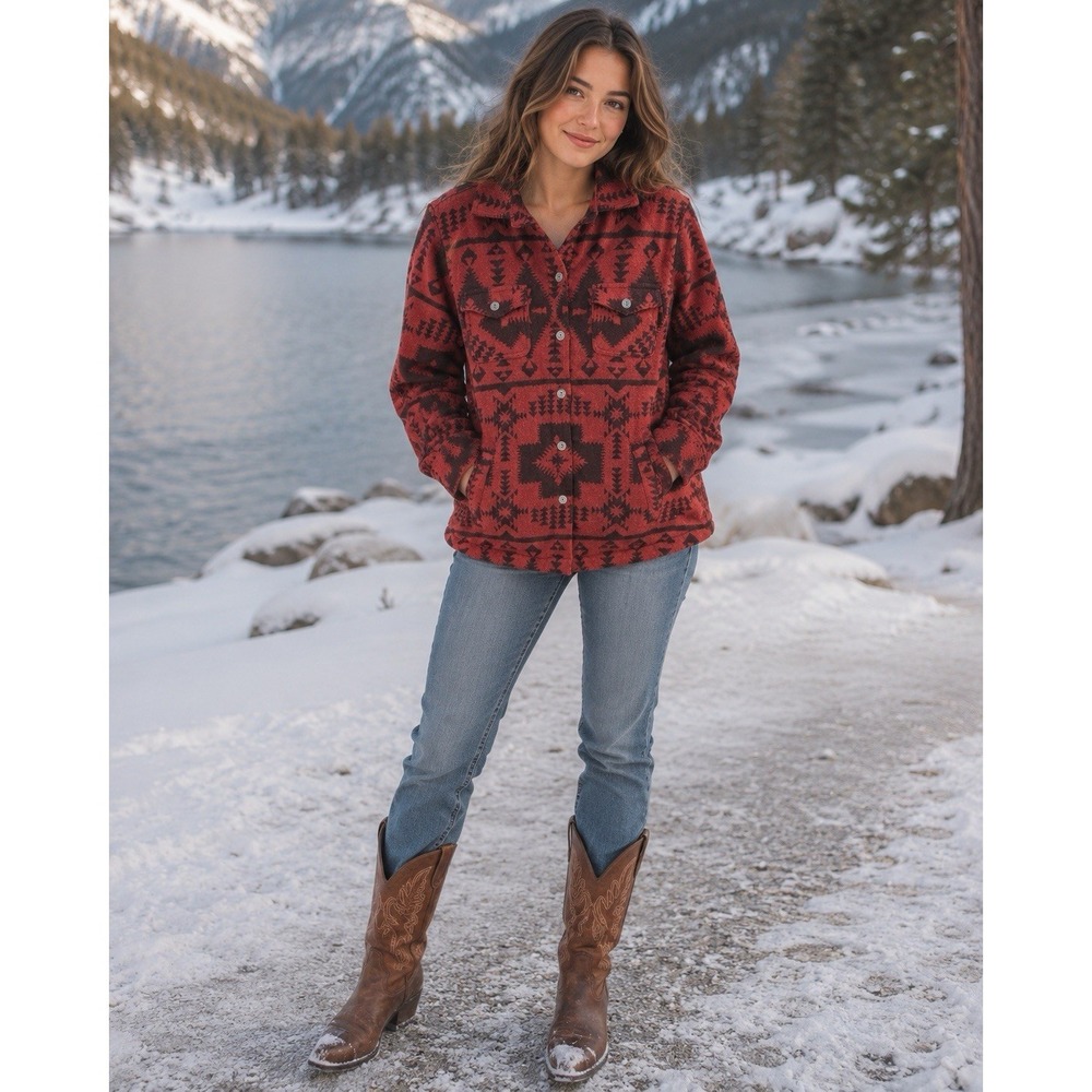 Ariat Real Aztec Shacket Quilt Lined Jacket Maroon Button Up Western Womens Med